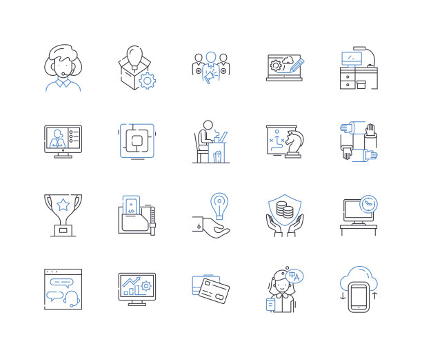 公司大厦线条图标收藏。豪华，庄园，庄园，宏伟，富裕，辉煌，精致的矢量和线性插图。典雅、尊贵、辉煌的轮廓标志集图片下载