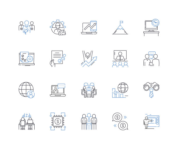 公司任务线图标集合。目的，愿景，意图，抱负，抱负，目标，目标矢量和线性插图。目标、动力、激情的轮廓标志设置图片下载