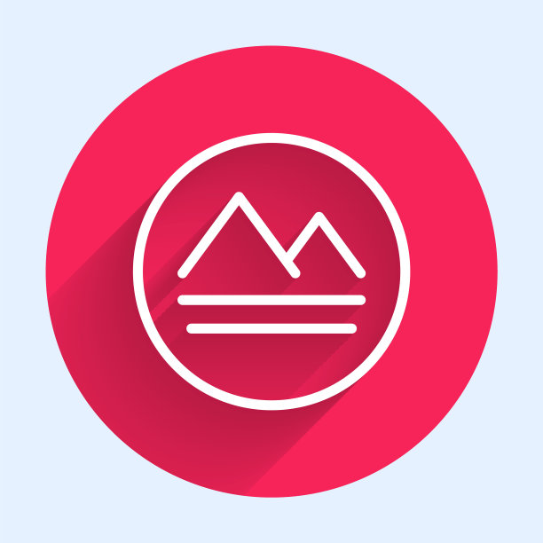 白线大地元素的符号炼金术图标与长阴影背景隔离。基本的神秘元素。红色圆圈按钮。向量图片下载