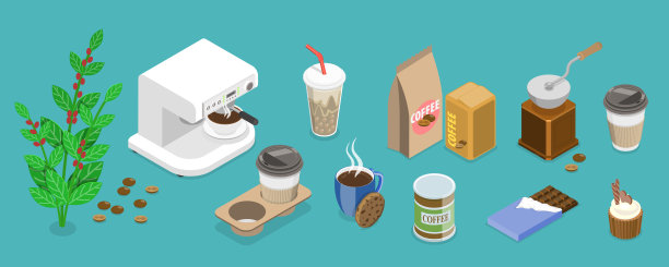 咖啡元素的三维等距平面矢量集图片下载