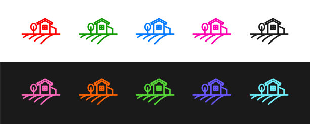 设置线村景观图标孤立在黑白背景。向量图片下载