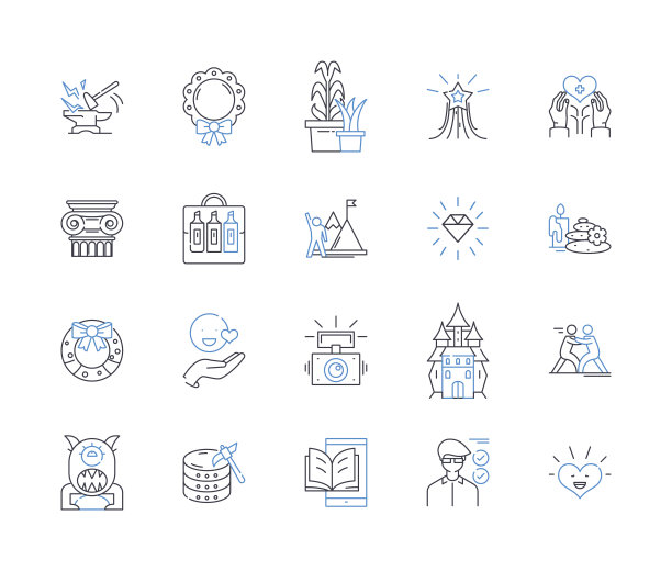 混合媒体线性图标集合：拼贴、纹理、图层、组合、版画、雕塑、摄影矢量线性插图。绘画、素描、现成物品轮廓标志集图片下载