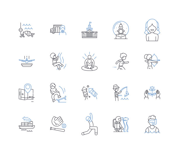 郊游线图标收集。冒险，自然，探索，乐趣，兴奋，社交，经验矢量和线性插图。难忘，野餐，目的地轮廓标志设置图片下载