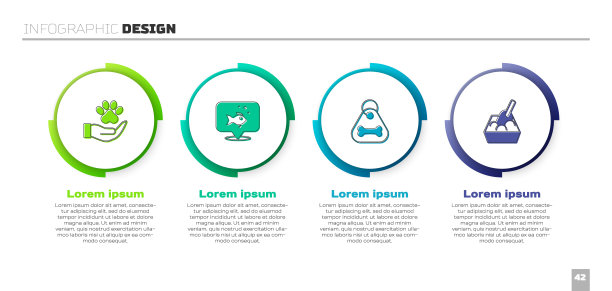 手拿动物脚印、鱼、狗颈骨和猫砂铲。业务信息图表模板。向量图片下载