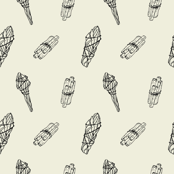 涂抹。精神上的仪式。无缝图案插图与鼠尾草，白鼠尾草，帕洛桑圣植物，芳香疗法棒，植物。神秘的手绘背景与香气熏香。向量图片下载