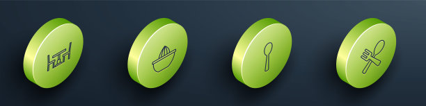 设置等距线木桌与椅子，柑橘果汁机，勺子和交叉叉和勺子图标。向量图片下载