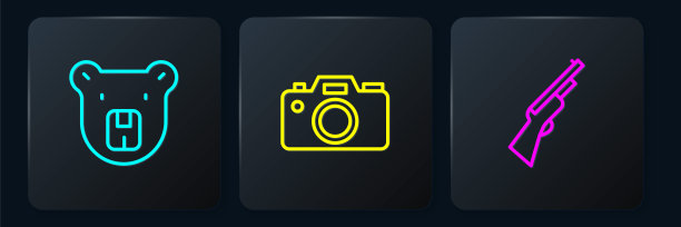 准备好鱼线，熊头，猎枪和照相机。黑色方形按钮。向量图片下载