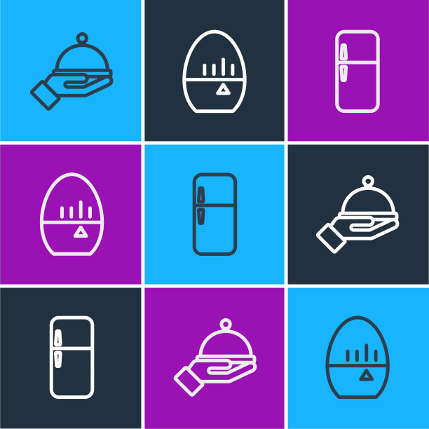 设置线覆盖托盘，冰箱和厨房计时器图标。向量图片下载