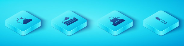 集等距太阳和云天气，一块蛋糕，勺子和厨房围裙图标。向量图片下载