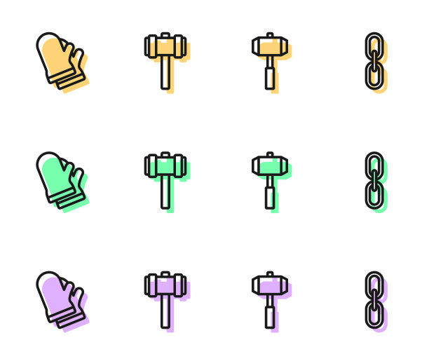 设置线大锤，防护手套，和链环图标。向量图片下载