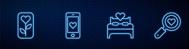 卧室，花玫瑰，心移动，寻找和爱。砖墙上发光的霓虹灯图标。向量图片下载