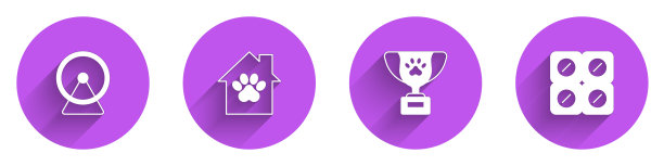 设置仓鼠轮，宠物屋，奖励标志和狗药丸图标长阴影。向量图片下载