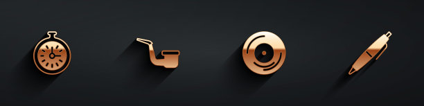 集怀表，吸烟管，乙烯基磁盘和笔图标长阴影。向量图片下载