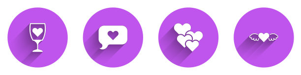 设置香槟杯，心在演讲泡沫，并与翅膀图标长阴影。向量图片下载