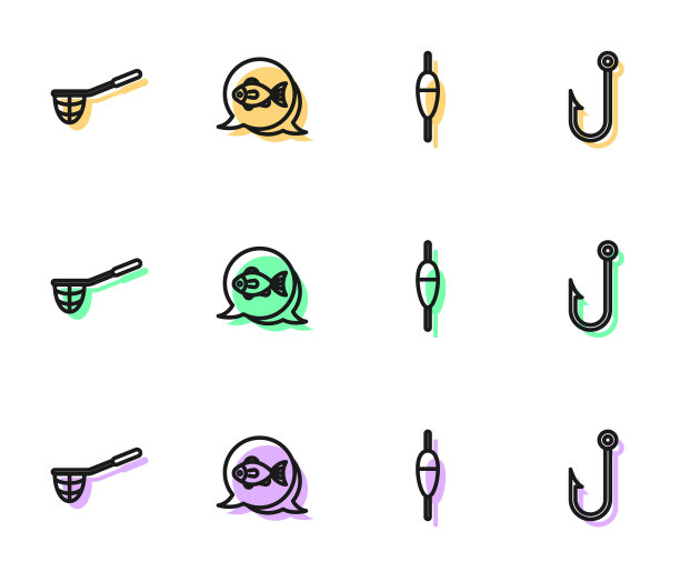 设置钓线，鱼漂，网和钩图标。向量图片下载