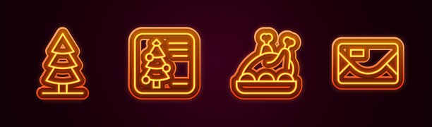 圣诞树，明信片，烤火鸡或烤鸡和信封。发光的霓虹灯图标。向量图片下载