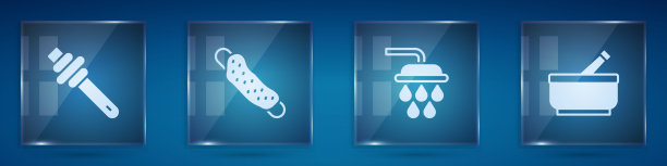 设置蜂蜜棒，毛巾，淋浴器和研钵和杵。方形玻璃板。向量图片下载