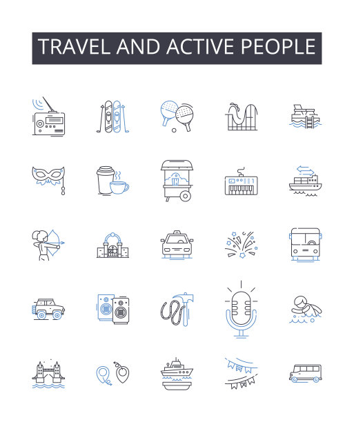 旅游和活跃的人线图标收集。跑步，跳跃，游泳，骑自行车，拳击，体操，摔跤矢量和线性插图。短跑，滑冰，足球轮廓标志设置图片下载