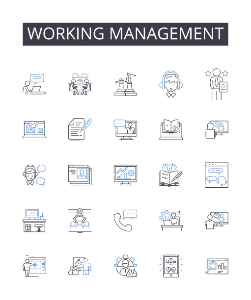 工作管理线图标收集。运动学，机器人，动力学，热力学，自动化，固体，流体矢量和线性插图。CAD，制造，控制图片下载