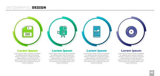 设置软盘，复古电影摄像机，便携式视频游戏机和黑胶。业务信息图表模板。向量图片下载