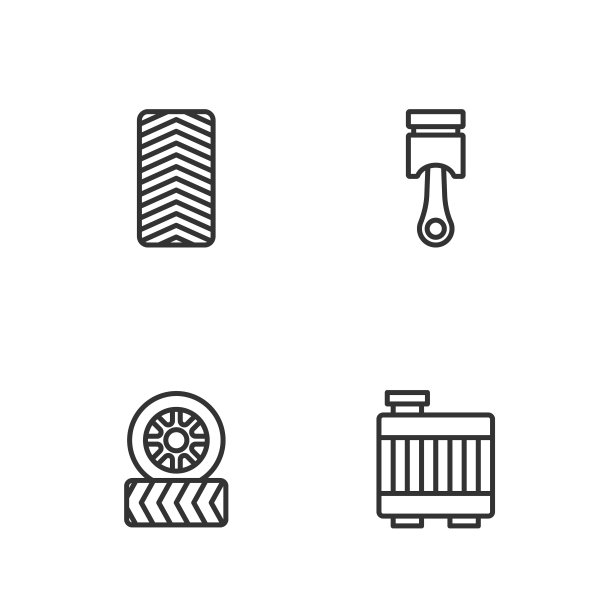 设置线汽车散热器冷却系统，轮胎，和发动机活塞图标。向量图片下载