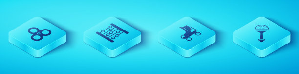 集等距指尖旋转器，算盘，拨浪鼓婴儿玩具和轮滑图标。向量图片下载