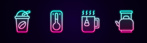 设有冰咖啡，咖啡温度计，带袋的杯茶和壶柄。发光的霓虹灯图标。向量图片下载
