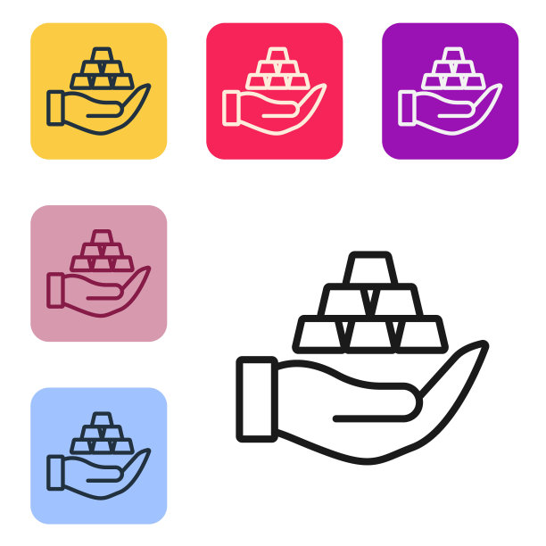 黑线金条在手图标隔离在白色背景。银行经营理念。设置图标为彩色方形按钮。向量图片下载