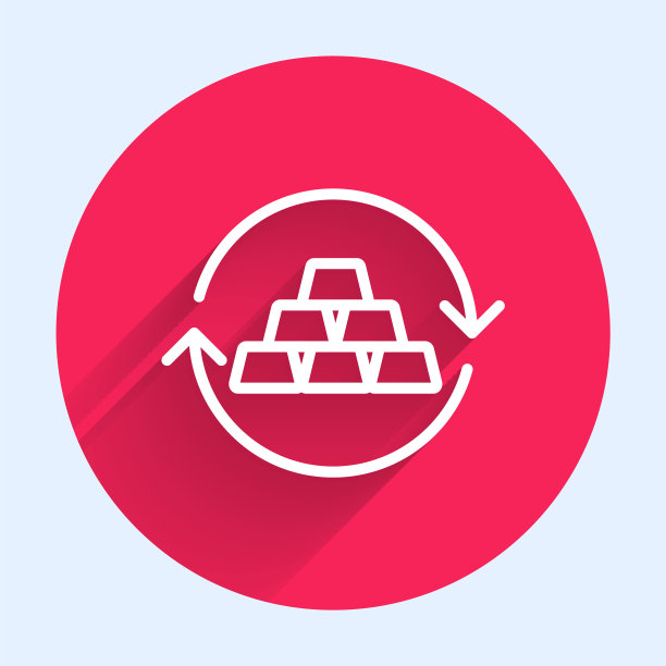 白线黄金兑换货币图标孤立的长阴影背景。货币兑换商。红色圆圈按钮。向量图片下载