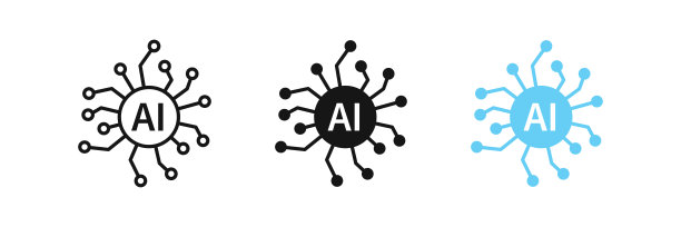 AI芯片图标：人工智能符号、计算机技术标志、智能机器人符号、数字智能图标，黑色和蓝色矢量标志图片下载