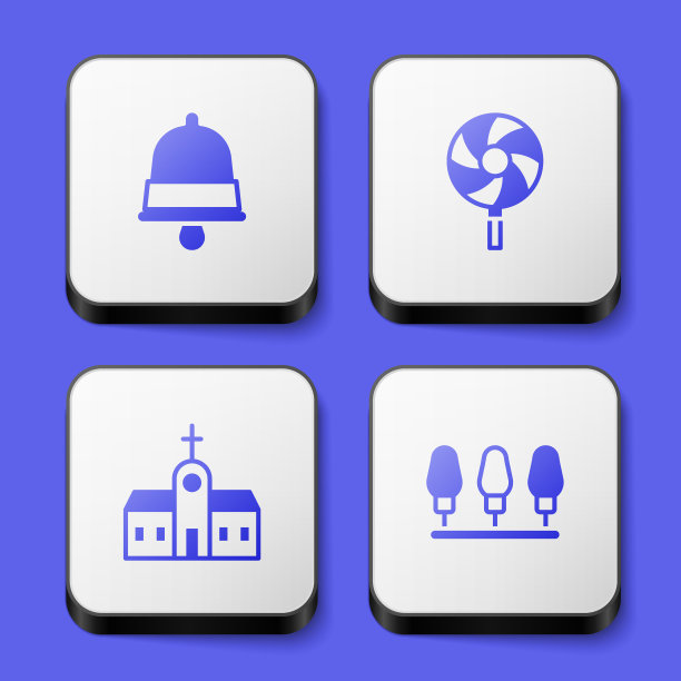 设置圣诞钟声，棒棒糖，教堂建筑和灯光图标。白色方形按钮。向量图片下载