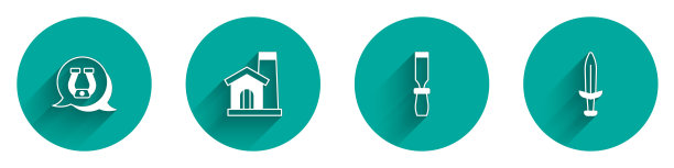 集马蹄铁，铁匠车间内部，锉刀金属文件和中世纪剑与长阴影图标。向量图片下载