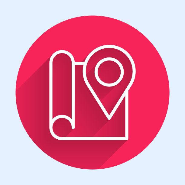 白线折叠地图与位置标记图标与长阴影背景隔离。红色圆圈按钮。向量图片下载