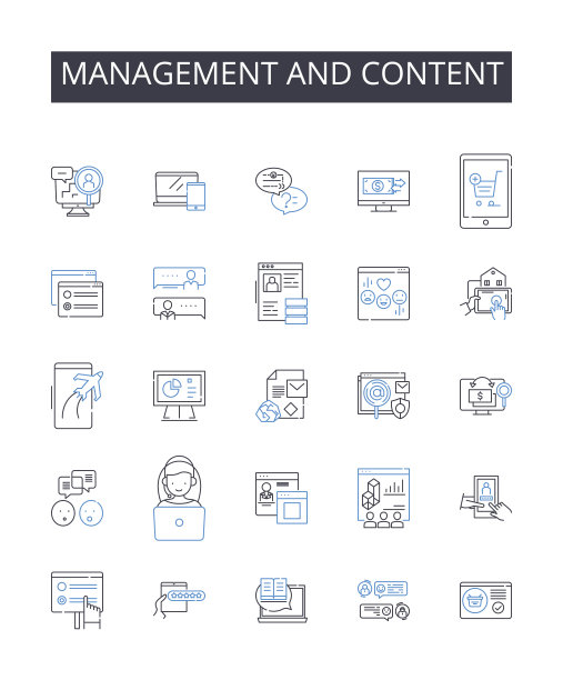 管理和内容行图标收集。购物，商品，销售，显示器，配件，便利，折扣矢量和线性插图。质量、品牌、营销大纲标牌集图片下载