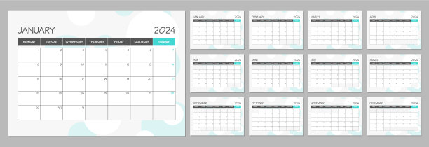 每月日历计划模板2024年。墙上日历时间表在绿松石极简主义风格。一周从周一开始。图片下载