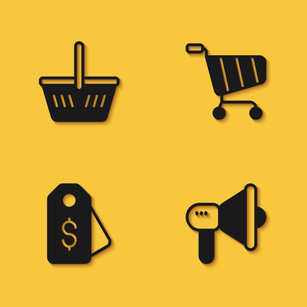 设置购物篮，扩音器，价格标签与美元和购物车图标与长阴影。向量图片下载