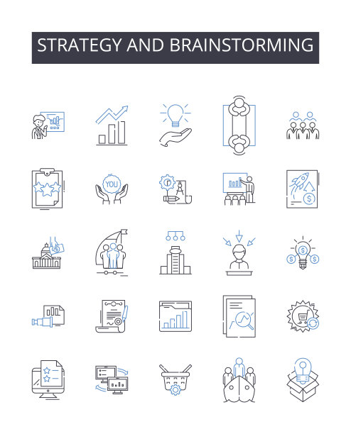 策略和头脑风暴线图标收集。领导，决策，协作，治理，方向，管理，战略矢量和线性说明。监督、规划、授权纲要标牌设置图片下载
