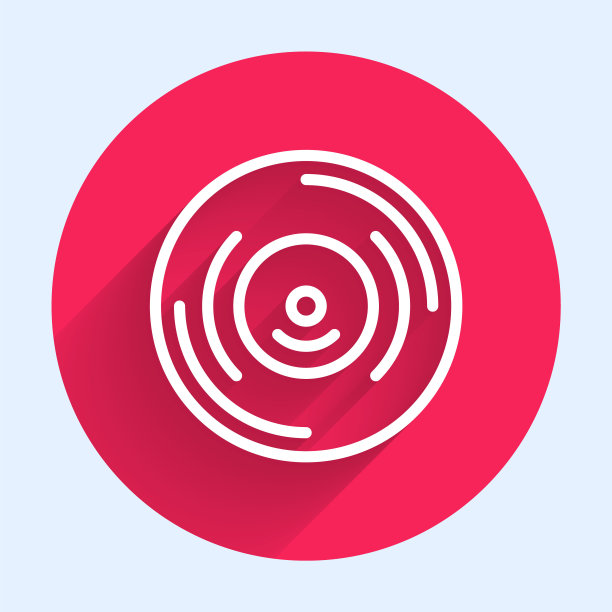 白线乙烯基磁盘图标隔离与长阴影背景。红色圆圈按钮。向量图片下载