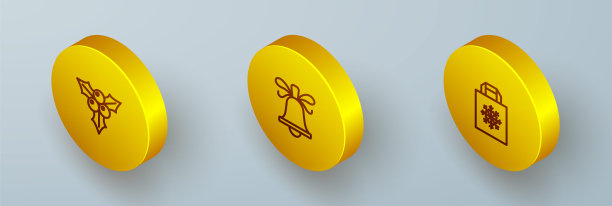 设置等距线枝矢，圣诞铃铛和购物袋图标。向量图片下载