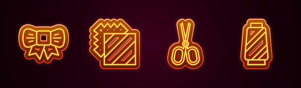 集线礼品弓，层服装纺织品，剪刀和缝纫线的线轴。发光的霓虹灯图标。向量图片下载