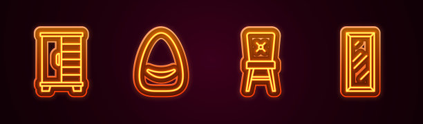 设置线衣柜，沙发，椅子和大全长镜子。发光的霓虹灯图标。向量图片下载