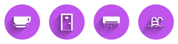 设置咖啡杯，酒店门，空调和长阴影游泳池图标。向量图片下载