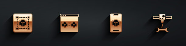 集几何图形立方体，3D打印机完美的副本，软件和扳手扳手图标与长阴影。向量图片下载