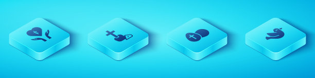 设置等距宗教十字架在心脏，基督教，鸽子和复活节彩蛋图标。向量图片下载