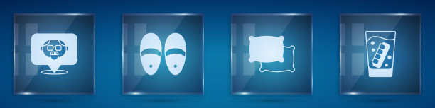 把外罩、拖鞋、枕头和假下巴放在玻璃里。方形玻璃板。向量图片下载