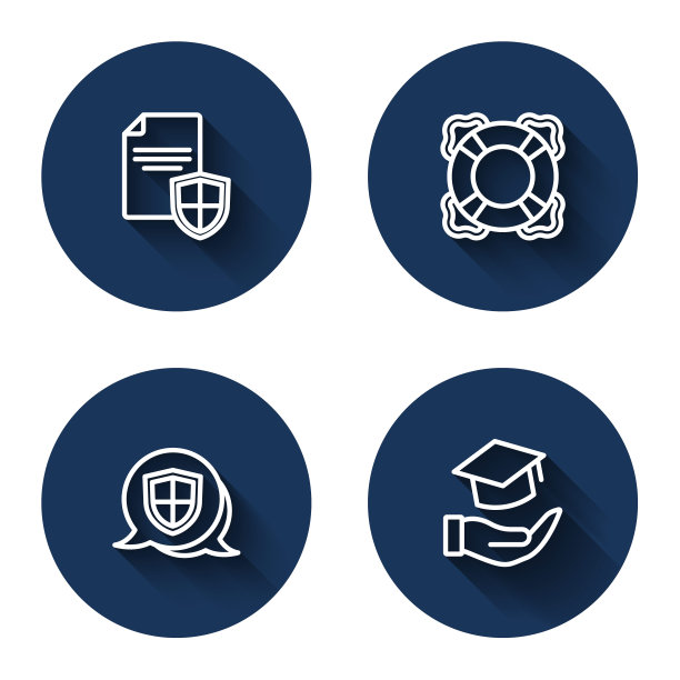 与盾、救生圈、盾和教育补助金签订长影合同。蓝色圆圈按钮。向量图片下载