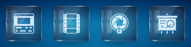 在笔记本电脑上设置录像机，播放，相机快门和场景黑板。方形玻璃板。向量图片下载