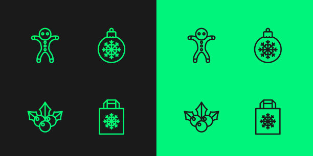 圣诞购物袋，百合花，节日姜饼人饼干和球图标。向量图片下载