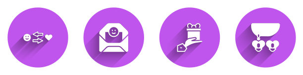 设定浪漫的关系，信封与情人节的心，给礼物和项链形状的图标长阴影。向量图片下载