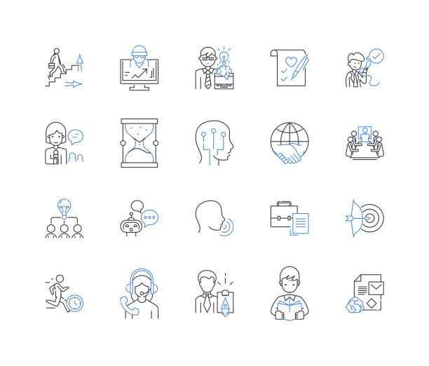 人员配置策略线图标收集。招聘、留用、选拔、入职、多元化、包容性、文化矢量和线性说明。培训、发展、聘用大纲标志设置图片下载